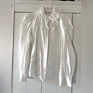 Zara White Eyelet Button-Front Blouse with Lace Collar